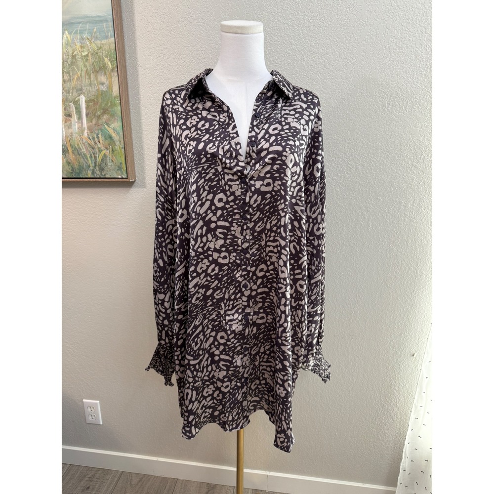 Mittoshop Animal Print Button Down Tunic Shirt Dress Smocked Cuff Leopard Size L